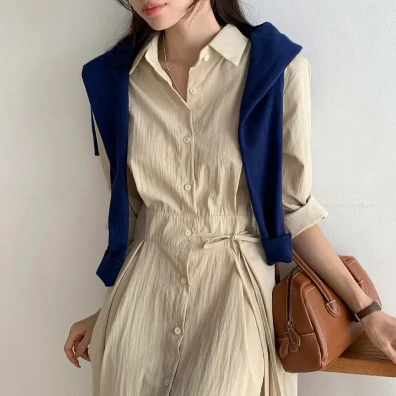Элегантное осеннее однобортное платье-рубашка в корейском стиле повседневный