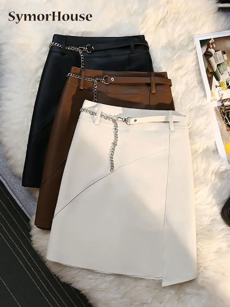 

New 2022 Autumn Winter Women PU Leather Skirt Korean Basic Fashion High Waist Elegant belts A-line Mini Skirt Office Lady