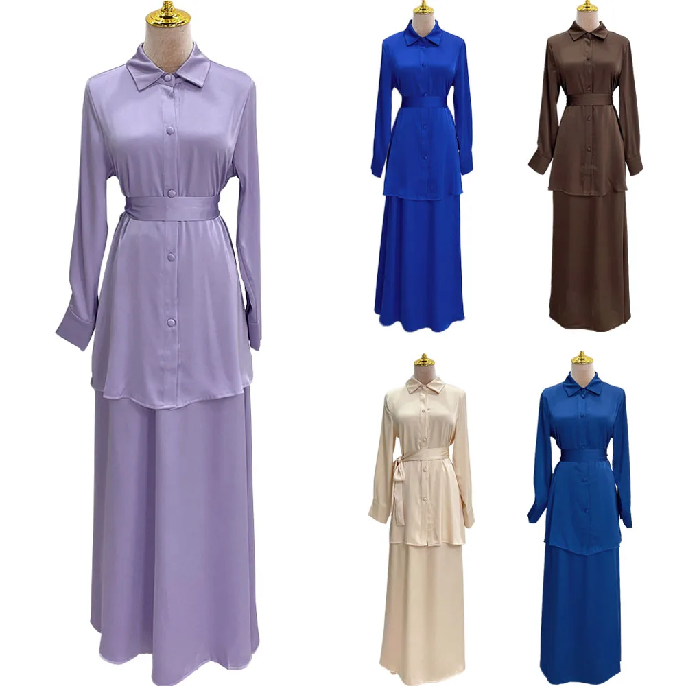 

Women Two Piece Sets Outifits Fashion Tracksuit Muslim Long Sleeve Blouse Skirts Set Casual Solid Color Matching Sets 2PCS Suits