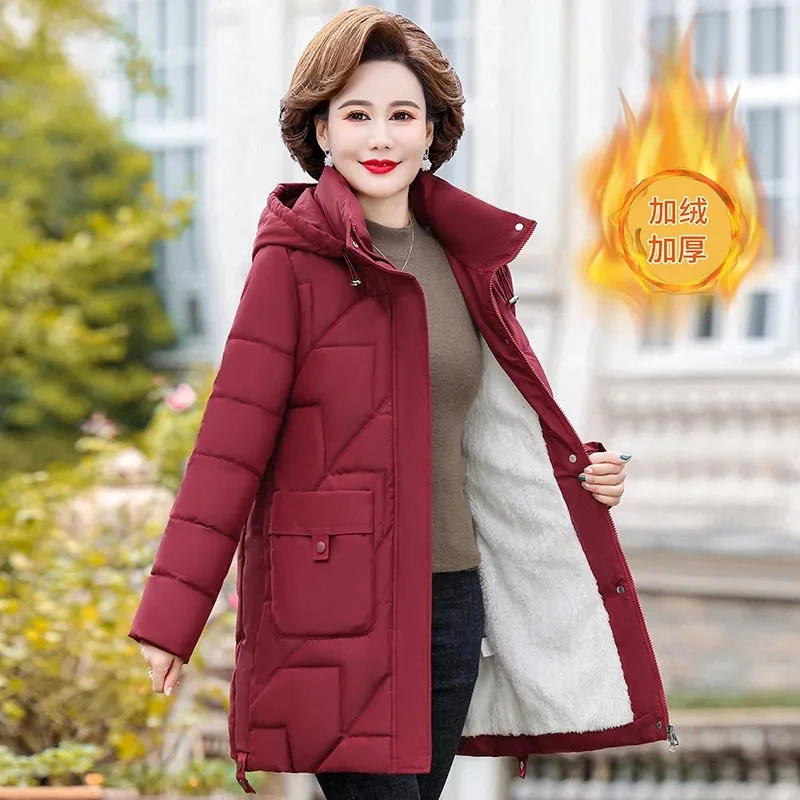 

Парка средней длины для женщин, зимняя куртка для мам, бархатное пальто из хлопка, женское Стеганое пальто, зимние парки, куртка с капюшоном, женская верхняя одежда 7XL