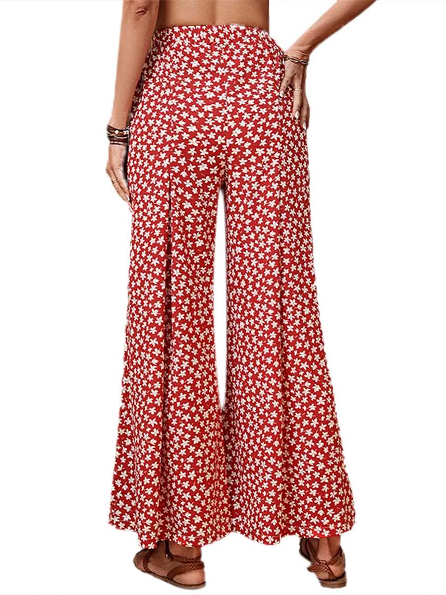 

Effortlessly Chic Women s High-Waisted Linen Palazzo Pants with Boho Floral Print - Perfect for Casual Streetwear and Tropical