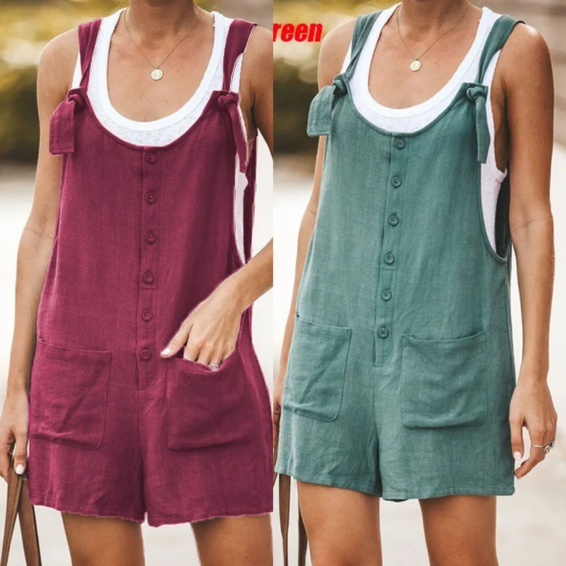 

Sleeveless Jumpsuit for Women Casual Rompers Loose Rompers Solid Button Pocket Suspenders Short Pants Wide Leg Playsuits Summer
