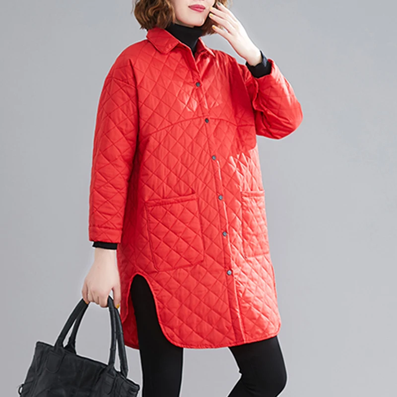 Spring Autumn New Oversize Mid-length Irregular Hem Plaid Quilted Women Fashion Big Pocket Casual Cardigan Cotton Jacket Parkas
