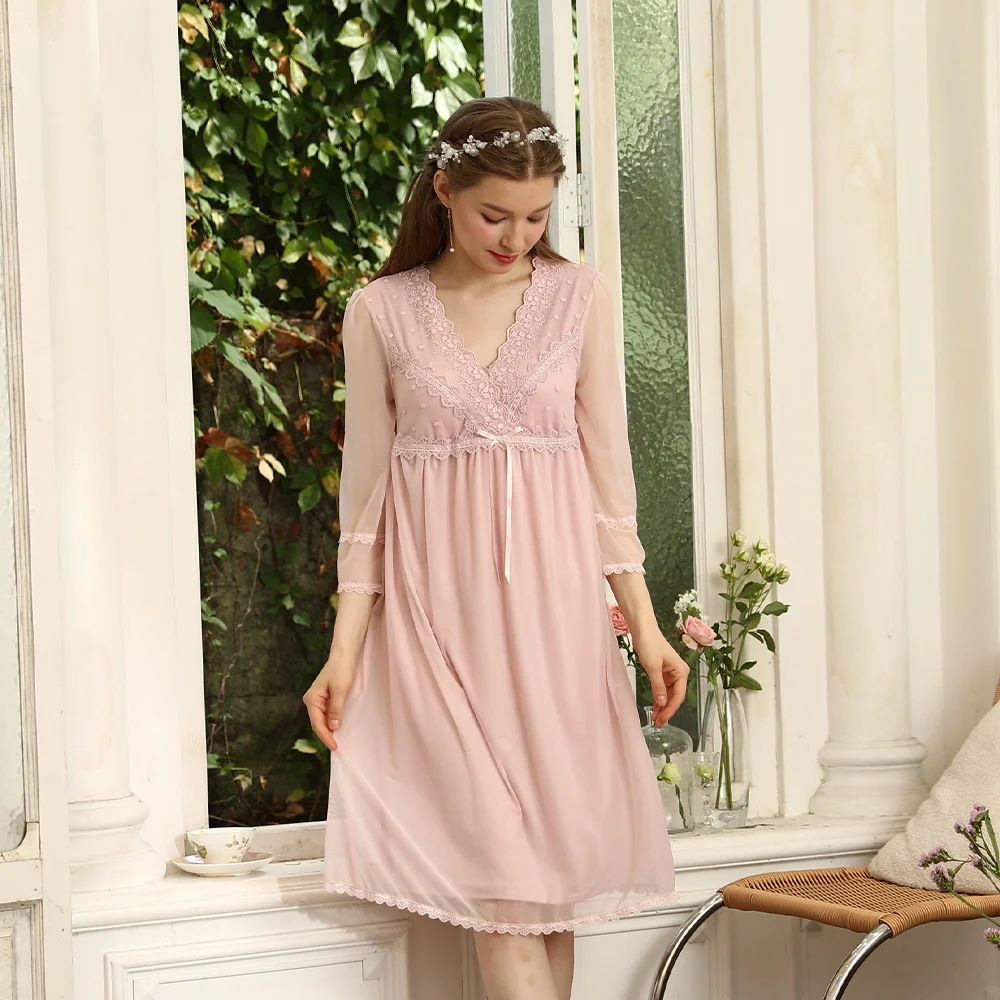Spring Nightgowns Women Cotton Lace Mesh Nightdress Sleepshirt Retro Vintage Princess Style Elegant Nightwear Summer Sleepwear