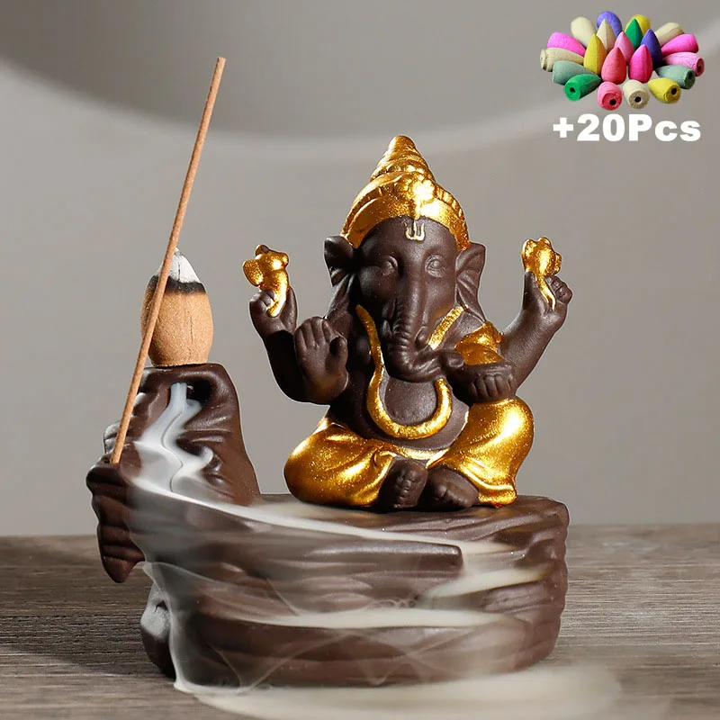 

Ganesha Backflow Incense Burner Elephant God Emblem Auspicious And Success Ceramic Cone Censer Home Decor Incense Stick Holder