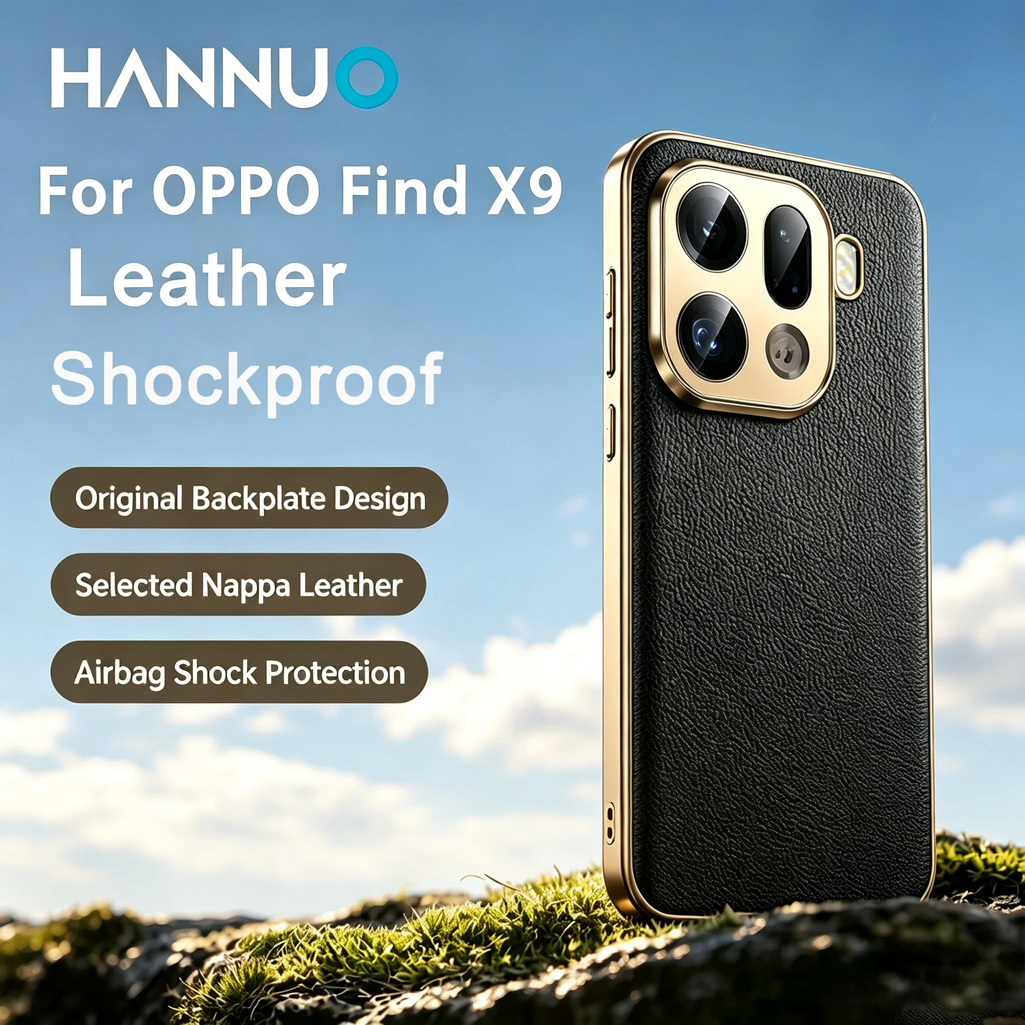 Фото Роскошный кожаный чехол HANNUO для OPPO Find X9 Pro X9Pro, задняя крышка с текстурой личи, гальванизированная рамка, защитный чехол для OPPO №1
