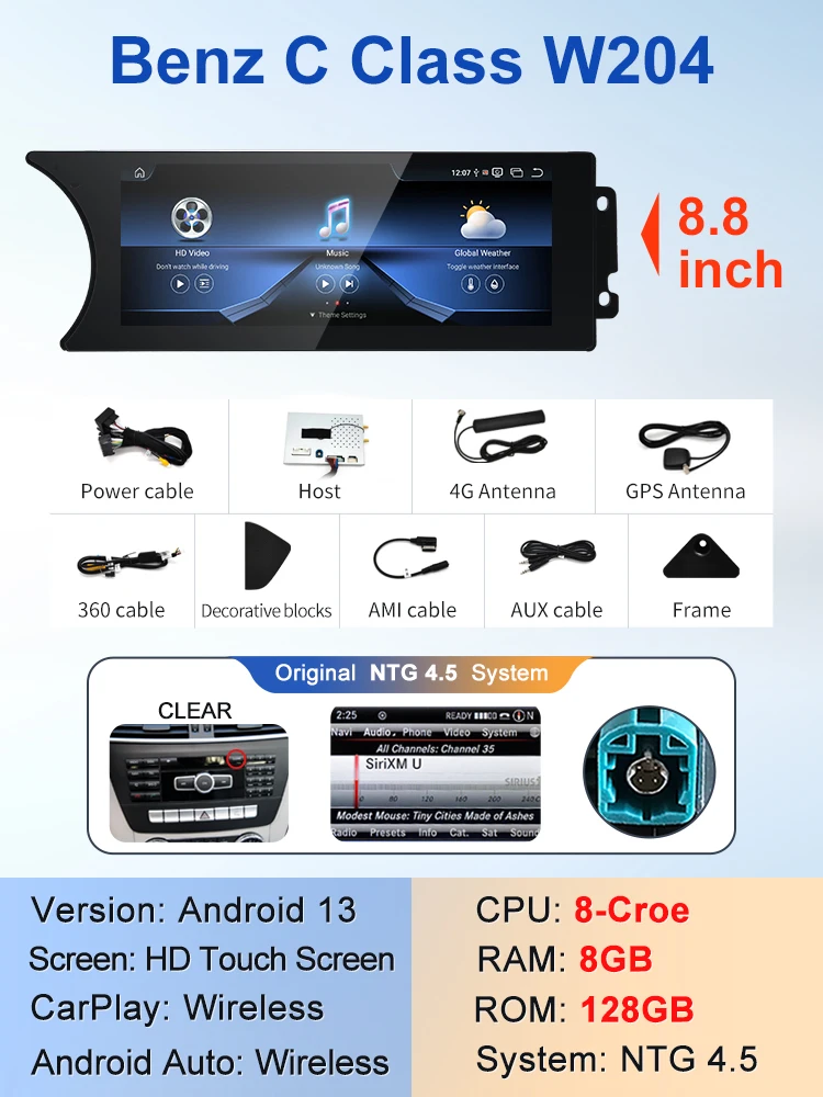 

STWEI 2025 Новый Qulacomm Snapdragon6225 Android 13 Беспроводной АВТО для Mercedes Benz C Class 11-15 W204 S204 Интеллектуальная система