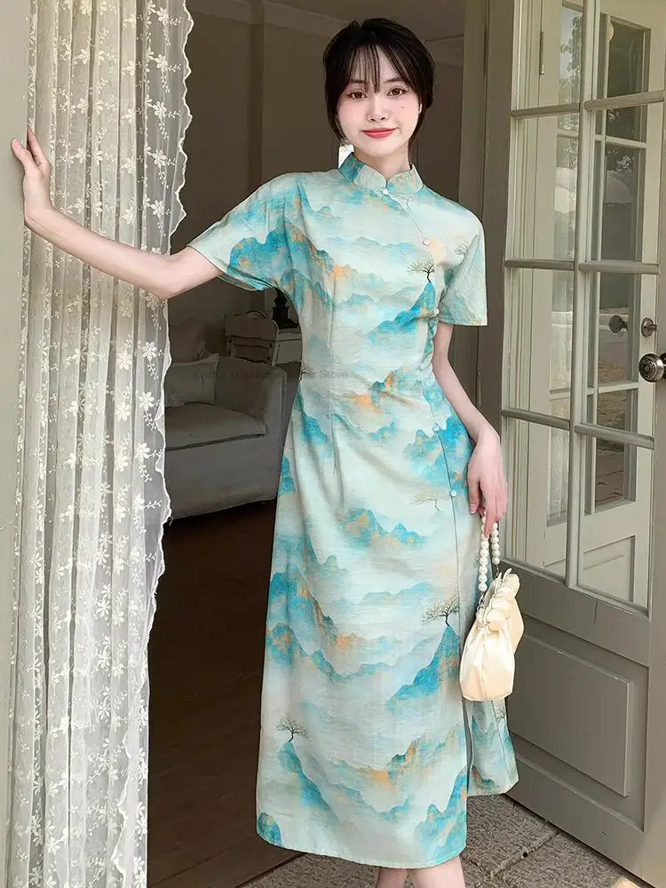 

Chinese Style Retro Qipao Improved Cheongsam Dress Spring Lady Temperament Floral Printing Women Oriental Style Fairy Dress