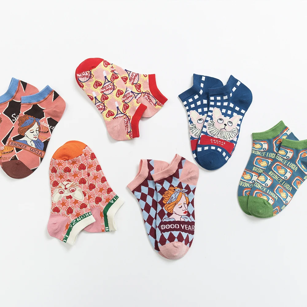 Original Tide Brand Lolita Vintage Lllustrated Socks Cute Cartoon Cat Cotton Preppy Style Men's And Women's Low Top Boat Socks