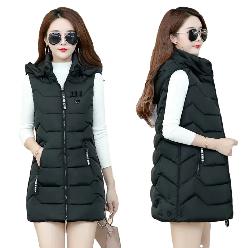 

Ladies Warm Vests Women 2XL-4XL Hooded Vest Jacket Coat Zip Tops Sleeveless Parka Medium Long Slim Fit Thin Fashion Loose Pocket