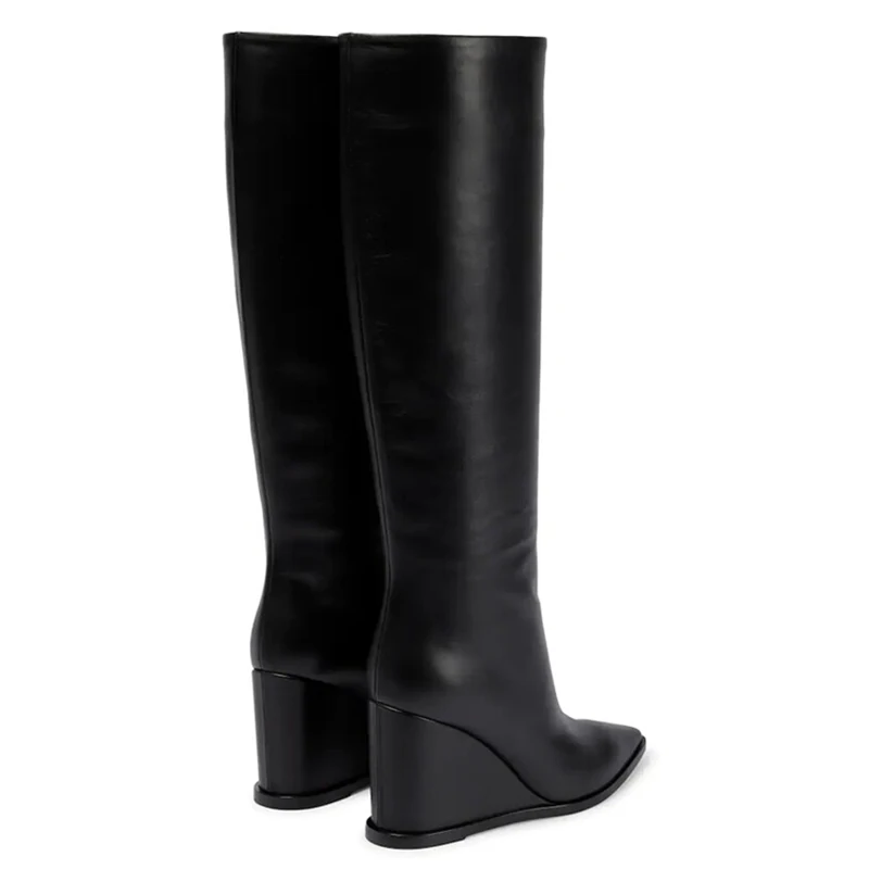 Wide Fit Size 46 for Big Leg Women Knee High Boots Sexy Pointy toe Woman High Wedges Shoes Cow Leather Booties