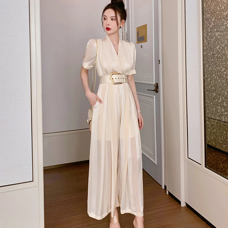 2022 Korean Style Casual Retro Long Fashion Summer Jumpsuit Ladies Elegant Short-sleeved Belt Chiffon Wide-leg Pants Jumpsuit
