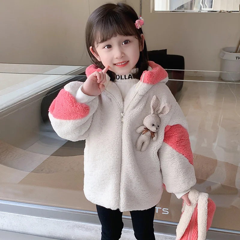 

Girls Coat Jacket Cotton Outwear Windproof 2022 Rabbit Warm Thicken Plus Velvet Winter Outwear Children's Clothing