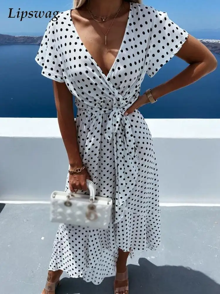 

Summer Elegant Polka Dot Ruffle Party Dress Women Fashion V Neck Irregular Dress Office Lady Casual Butterfly Sleeve Beach Dress
