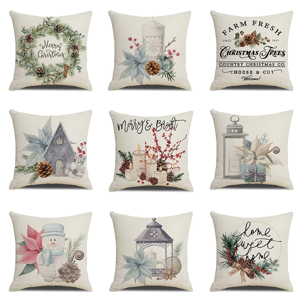 

Christmas Cushion Cover Simple Painting Printed Pillow Covers 18x18 Inches Xmas Decorations Candle Bird Flower Linen Pillowcase