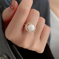 1pc new fashion micro pave zircon flower twist big pearl rings for women jewelry luxury classic open ring