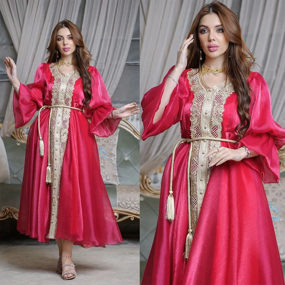 Women Spring Summer Muslim Fashion Middle Eastern Turkey Seasonal Tempest Evening Dress Lantern Sleeve Belted Gown Ramadan