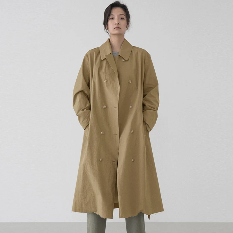 

Autumn Winter 100% Cotton Women Trench Coat Turn Down Collar Button Up Khaki Long Overcoat With Belt Retro Abrigos