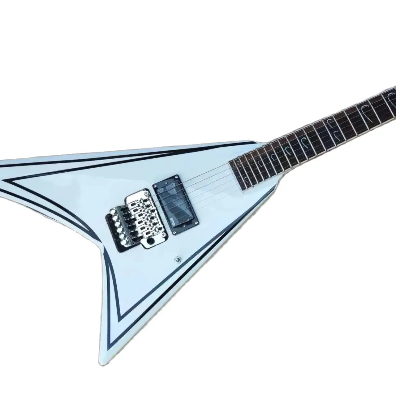 

Заводская белая V-образная 6-струнная электрическая гитара, розетка из розового дерева, хромированные металлические изделия на заказ