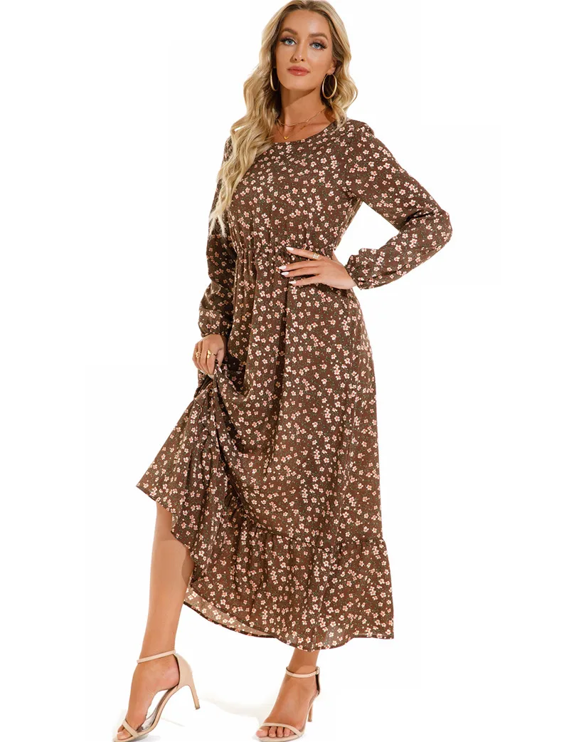 

Women Dress Elegant Floral Print Bohemian Casual Round Neck Long Sleeve Chiffon A Line High Waist Long Maxi Dress Party Vestidos