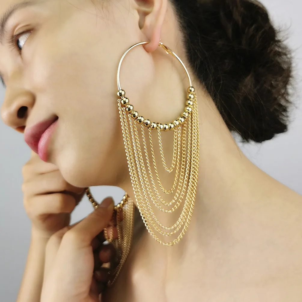 

Europe and The United States Exaggerated Long Tassel Wild Women's Large Earrings Round Chain Multi-layer Earrings Wholesale