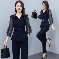 2022 summer professional clothes sheer mesh long sleeves top all match wide leg pants woman two piece set big size