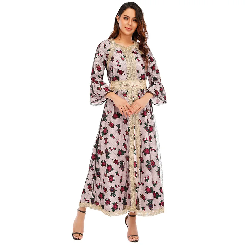 Donsignet Muslim Dress Muslim Fashion Abaya Dubai Printed Embroidered Lace Gauze Woman Abaya Elegant Long Dress Abaya Turkey