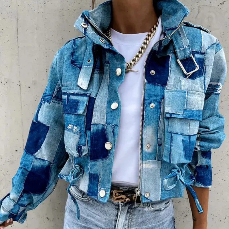 

Autumn Winter Fashion Trend New Short Jackets Women's Printed Casual Long Sleeves Elegant Streetwear Buttons Zipper Outwears