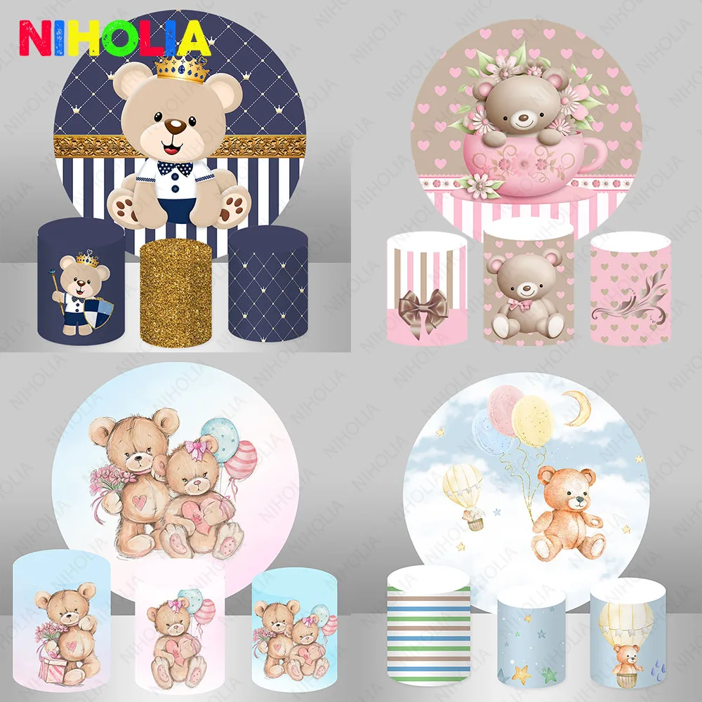 

Niholia Brown Bear Baby Shower Circle Photography Backdrop Newborn Birthday Background Balloons Cylinder Cover Photo Booth Props
