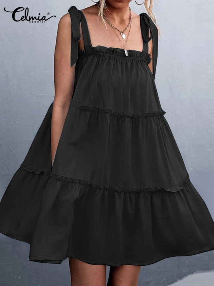 

Celmia Sleeveless Holiday Beach Sundress Multilayer Pleats Street Summer Bandage A Line Dress Women 2022 Fashion Solid Mini Robe