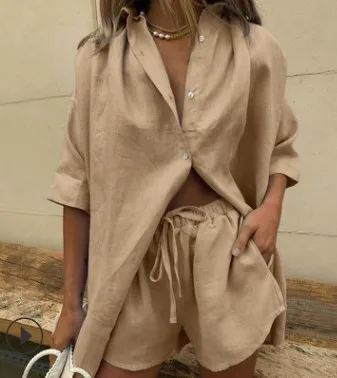 Europe and America  Summer New Women's Solid Color Single breasted Short Sleeve Shirt Two Piece Wide Leg Trouser Lace Up Shorts