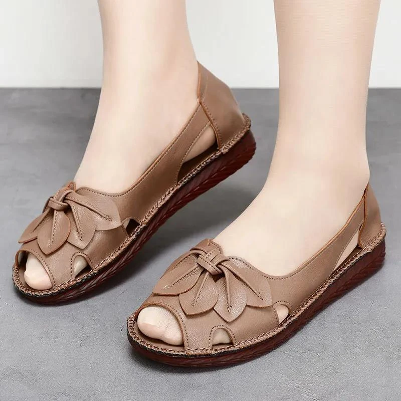 Plus Size 42 Women Shoes Fashion Peep Toe Slip On Sandal Loafers Shoes Ladies Leather Wedge Flats Mom Comfort Walking Shoe