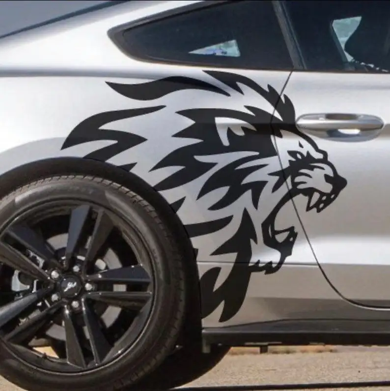 

2 Pieces King Lion Head Car Outline Fits Mustang Tattoo Grunge Design Tribal Door Side Graphic Sticker - 23 in x 31 in