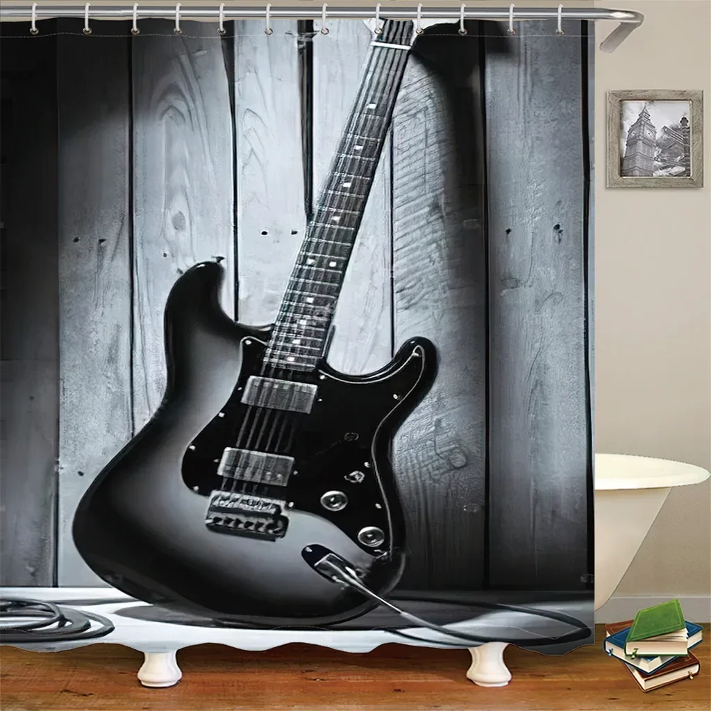 

3D Black Musical GUITAR Pattern Art Modern Polyester Shower Curtain Set for Bathroom Bath Waterproof Fabric with 12 Hooks Deor