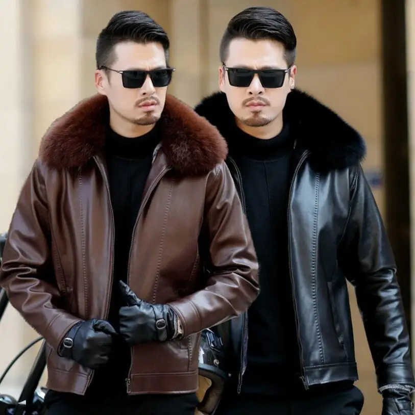 

Leather Jacket Men Winter Men Real Leather Fox Fur Collars Jacket Coats Male Thick Motorcycle Jacket Warm Biker Jacket M-3XL