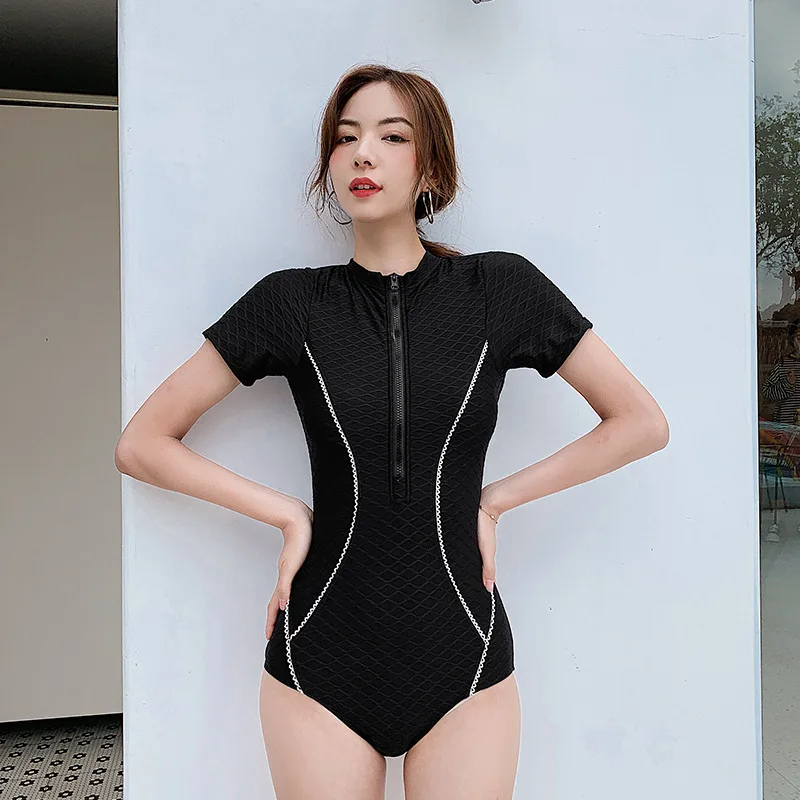 

2021 Women's Solid Color Spot Goods in Black European and American Sports One-Piece Swimsuit Ins Sexy Triangle Backless