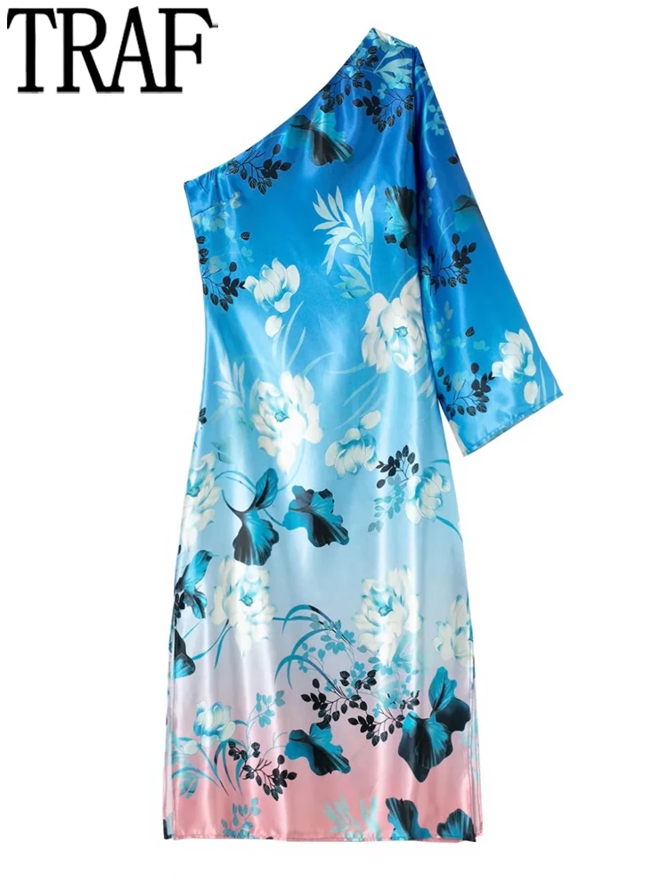 Платье женское атласное с открытыми плечами и цветочным принтом на одно плечо |