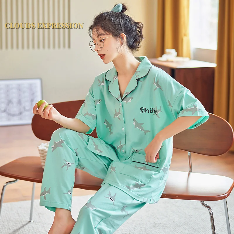 Весенне-Летняя короткая Пижама с мультяшным принтом Женский пижамный комплект