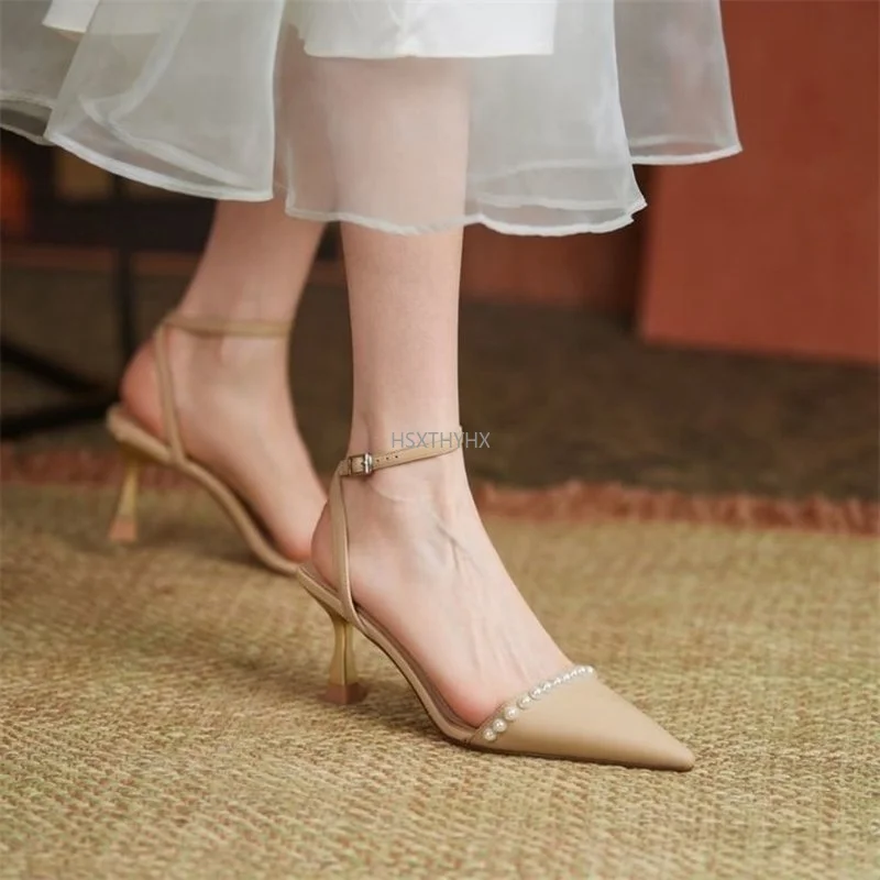

Женские босоножки с острым носком, элегантные кожаные туфли-лодочки на тонком высоком каблуке, офисная обувь, размеры до 40, лето 2022