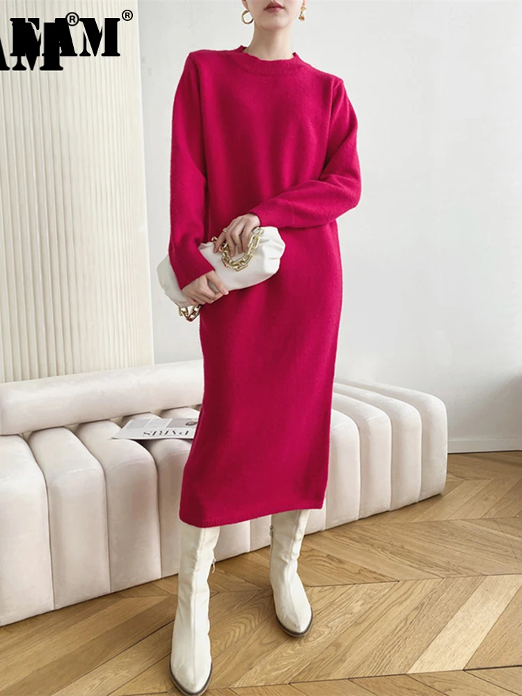 

[EAM] Women Rose Red Long Knitting Elegant Dress New Round Neck Long Sleeve Loose Fit Fashion Tide Spring Autumn 2022 1DE3794