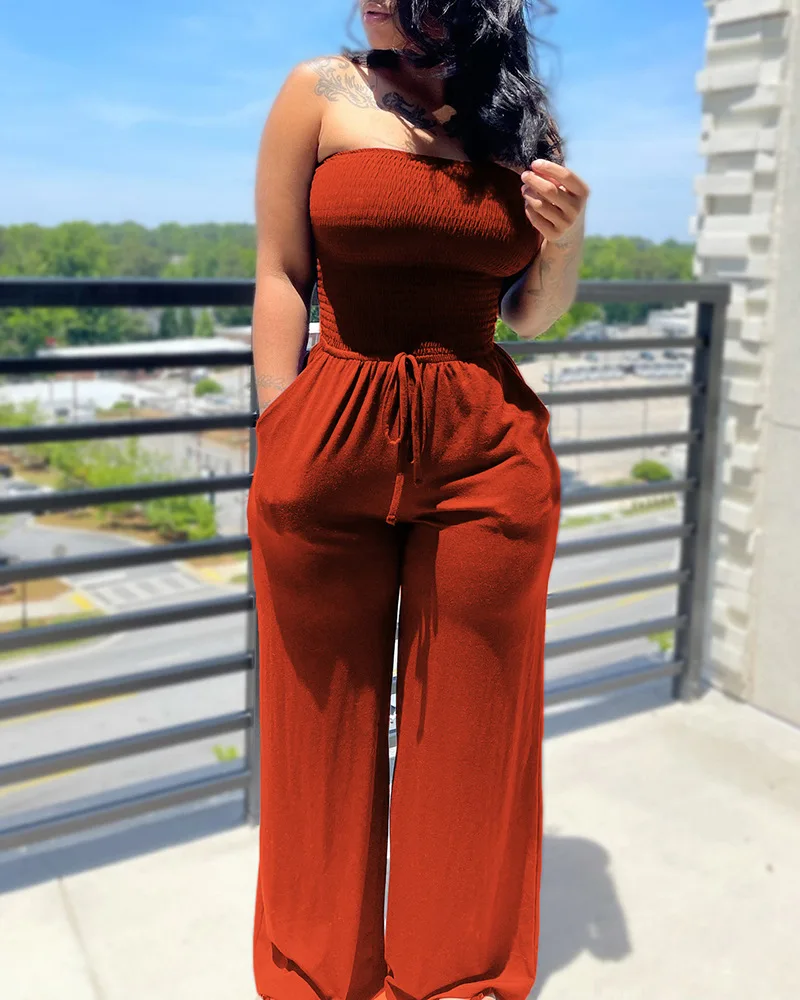 

Bandeau Shirred Pocket Design Wide Leg Jumpsuit Women Spring Summer Sleeveless High Waist Full Length Overall Pants Jumpsuits