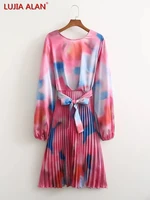Women Tie Dyeing Print Pressed Pleat Satin Midi Dress Hot Sale Female Long Sleeve Streetwear Vestidos LUJIA ALAN WD716