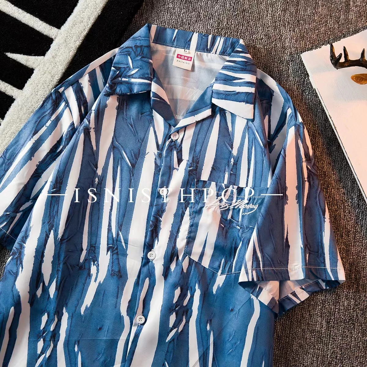 

Hawaiian Striped Shirt Tooling Retro Cuban Collar Short Sleeve Shirt Men Women Shirts Summer Hip Hop Shirt Casual Shirt Jackets