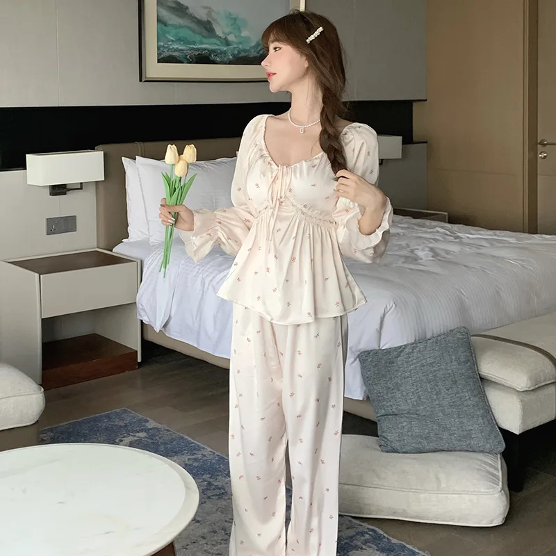 Женский пижамный комплект с V-образным вырезом рубашка принтом брюки ночные