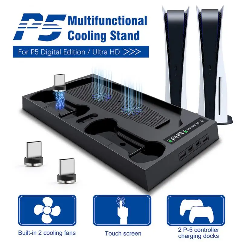 

For PS5 Cooling Stand 2 Cooler Fan 2 Controller Charging Dock Type-C Charging Cable For 5 PS 5 Console Disc/Digital