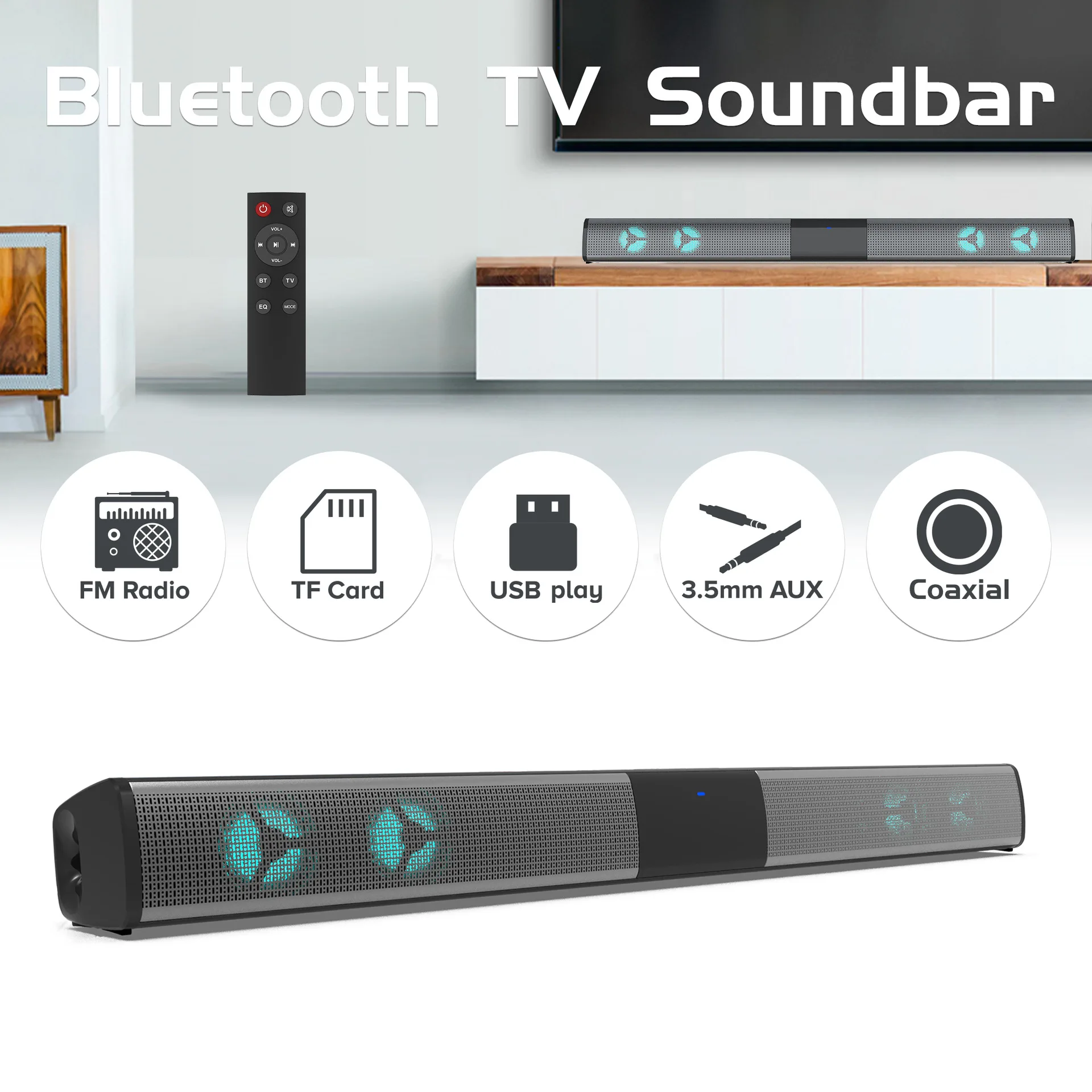

Bluetooth TV Soundbar Wireless Bluetooth Speaker RGB Light Home Theater with Fm Radio AUX U-Disk COAXIAL Remote Control For PC