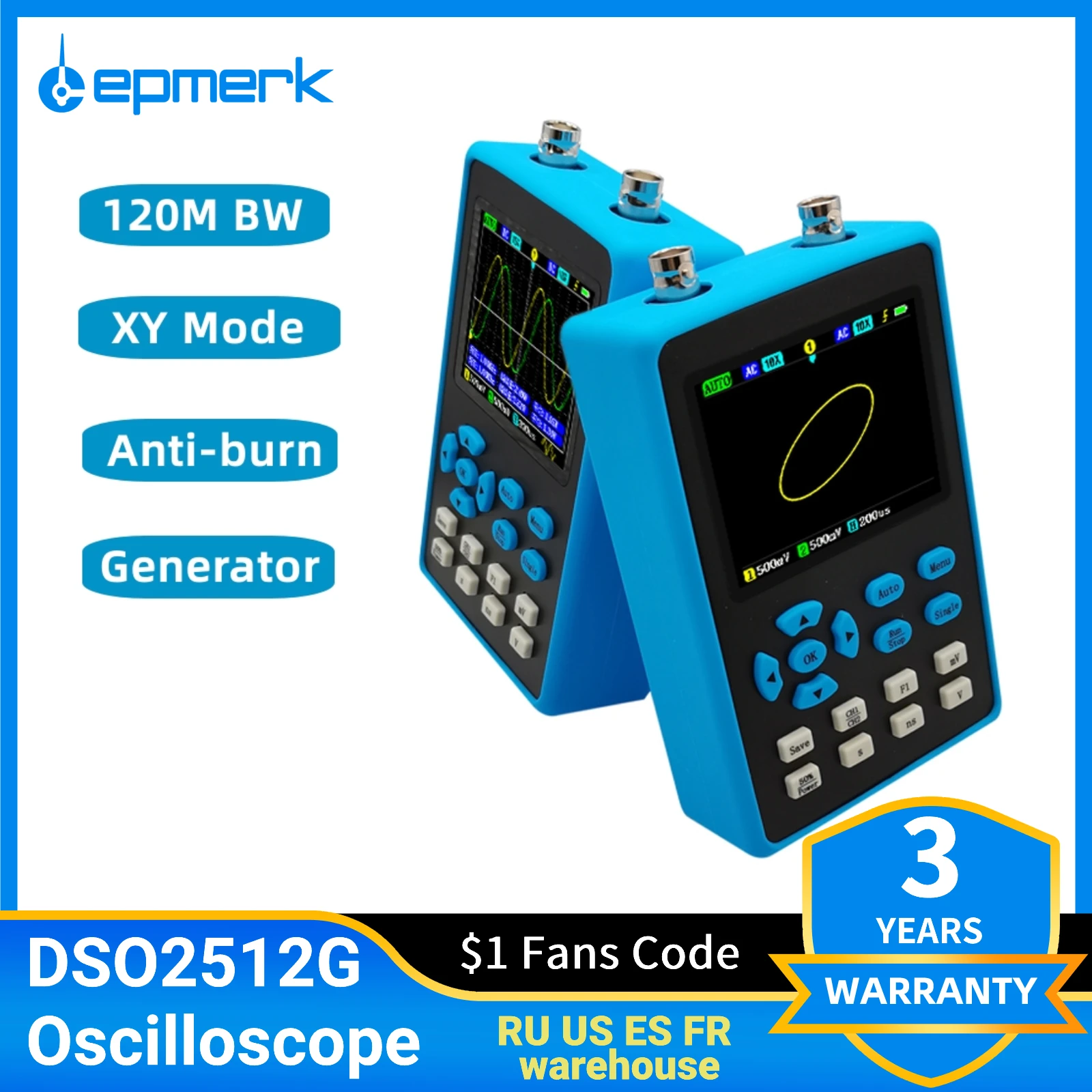 

Цифровой осциллограф Lemperk DSO2512G, полоса пропускания 120 м, двухканальный/одноканальный осциллограф с функцией измерения зеркального спектра