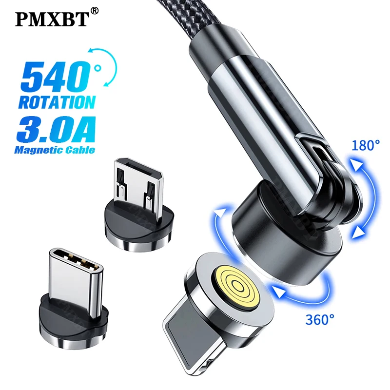

540 Rotate Magnetic Cable Fast Charging Micro Type C Wire Cord For iPhone Xiaomi Samsung Huawei Magnet Charge USB C Phone Cable