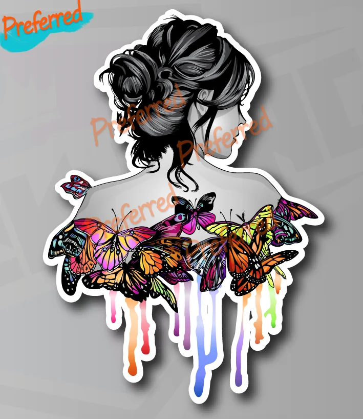 

Красочная виниловая наклейка с изображением девушки с красивой бабочкой, наклейка 100 мм высотой для вашего дома, автомобиля, ноутбука, гоноч...