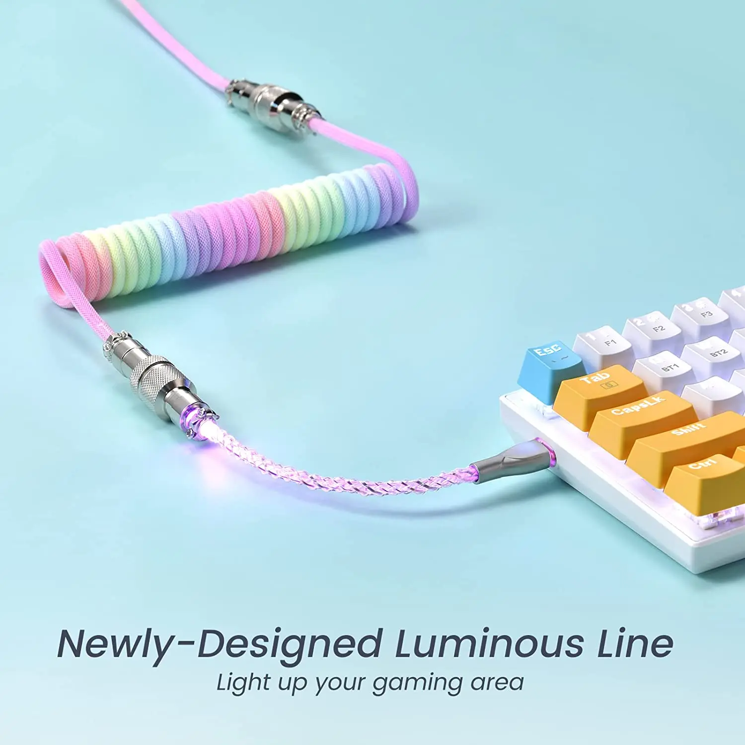 Coiled USB C Cable Gaming Keyboard Glow Line Mechanical Keyboard Cable Double-Sleeved Keyboard Cable Detachable Metal Aviator